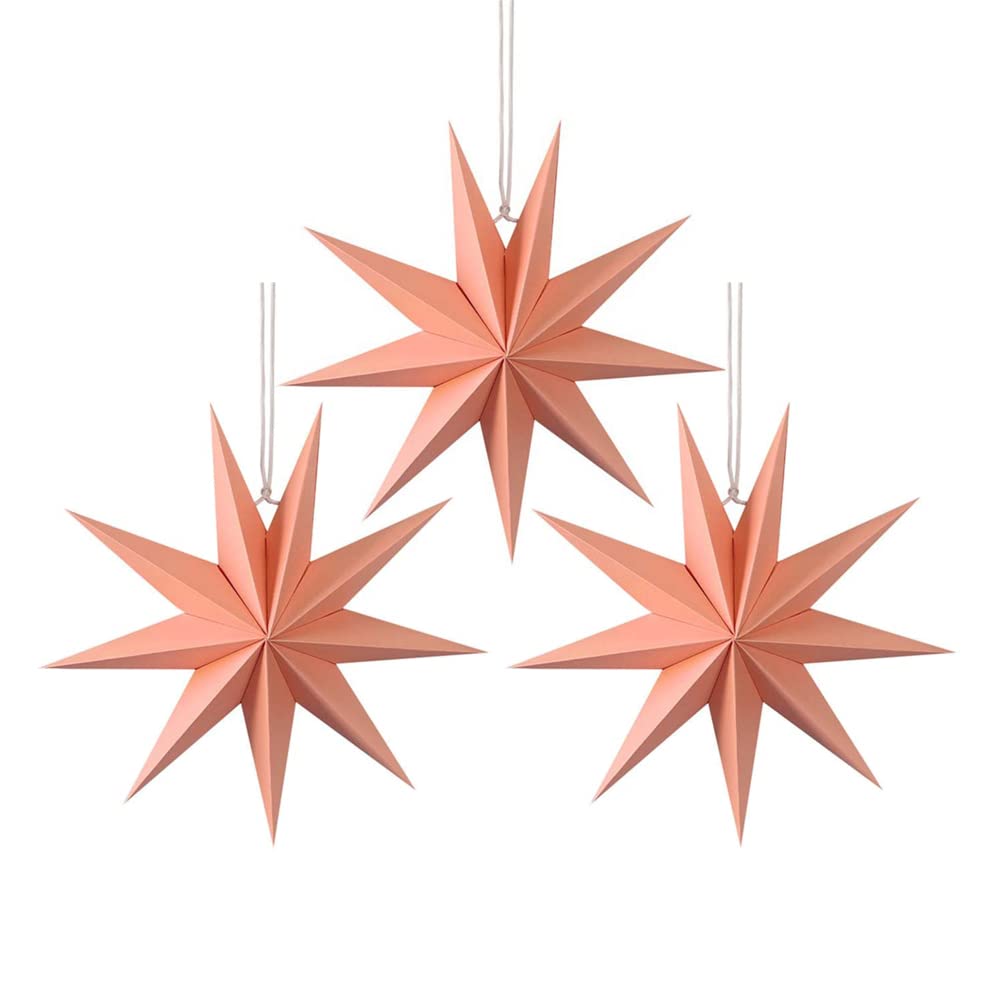 3 Pieces Paper Star Lanterns - 9-Pointed 12inch Pendant Hanging Lampshade Decorations for Wedding Birthday Party, Pink