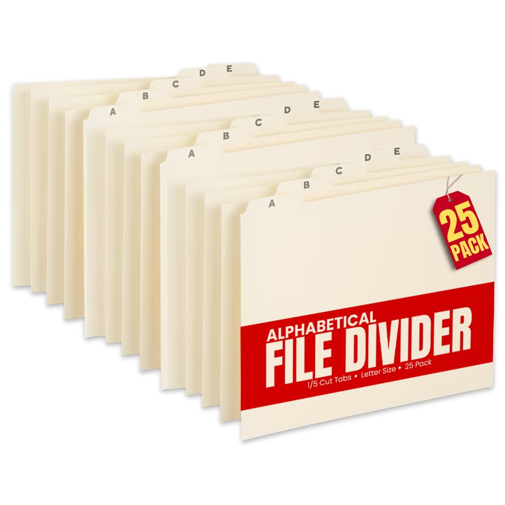 1InTheOffice Alphabetical File Organizer, File Cabinet Dividers, A-Z Tab Divider, Letter Size, 1/5 Cut, Manila, 25 Pack
