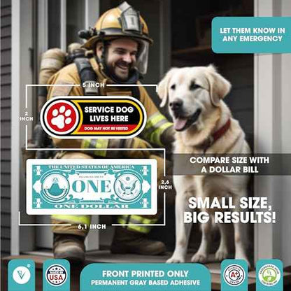 Service Dog Lives Here Small Sticker | Service Dog May not be Vested Safety Sign | 1 Pack Self Adhesive Waterproof Decal | Matte Laminated Vinyl 2in x 5in