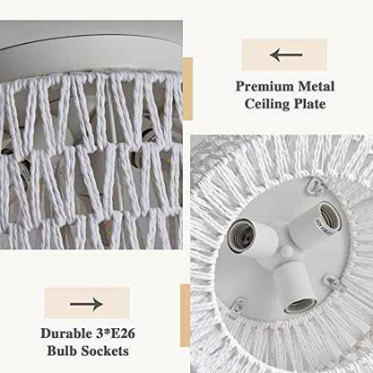 Rattan Light Fixtures Ceiling Mount, 3-Lights Boho Flush Mount Ceiling Light, Hand-Woven Cage Shade Lamp Lighting, Rustic Rattan Chandelier for Hallway Bedroom Kitchen Farmhouse Foyer Entryway (White)
