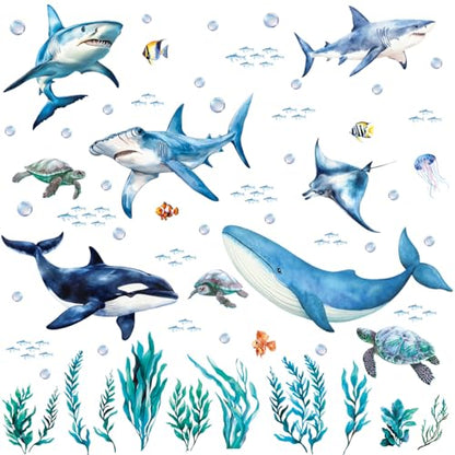 SHUCHING Removable Shark Wall Decals Peel and Stick, Vinyl Ocean Wall Sticker, Under The Sea Wall Decor Art for Nursery Playroom