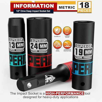 18 Piece 1/2" Drive Deep Impact Socket Set, 10mm - 24mm, with Extension Bars:3-inch, 5-inch, 10-inch, Metric, 6-Point, CR-V Steel, Automotive Maintenance, Machinery Manufacturing