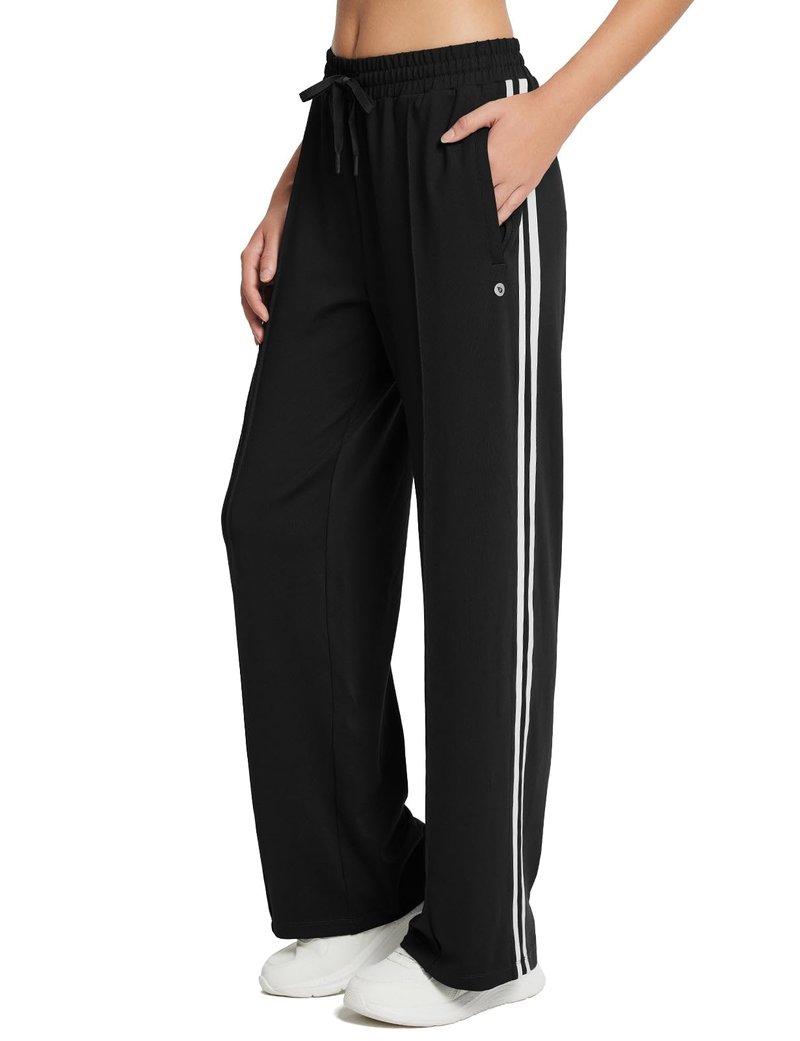baleaf Womens Track Pants Athletic Running Pants Sweatpants Straight Leg Zipper Pockets Sports Jogging Striped Loose Fit Black/White M