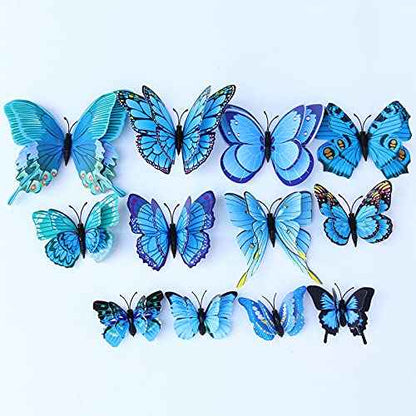 AOMEI 12pcs Blue PVC Waterproof 3D Butterfly Wall Stickers, Double Wings, Modern, Contemporary Style, Butterfly Theme, Indoor Use