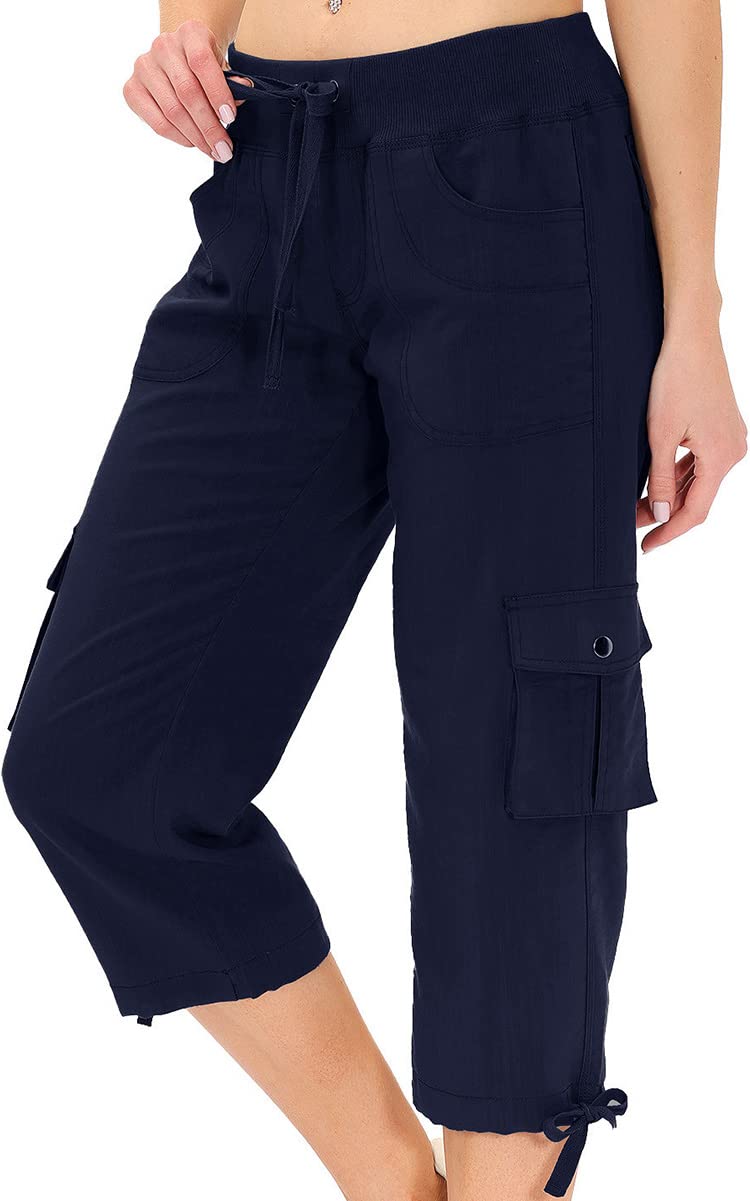 Hiking Cargo Shorts for Women Dry Fit Active Capri Pants for Camping with Pockets Navy XX-Large