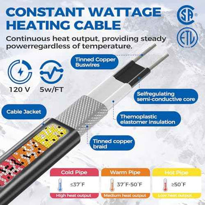 5W/FT 120V Pipe Heat Tape 50FT (3FT-200FT) - Freeze Protection Heating Cable for Metal/Plastic Water Pipes, Maintains Flow at -40¡ÆF