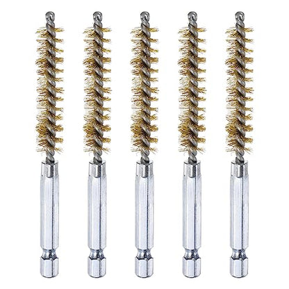 HARFINGTON 5Pcs Brass Bore Brush 10mm Dia 4" Long Cleaning Twisted Wire Brush with Handle 1/4" Hex Shank for Tubes, Ports, Bearings
