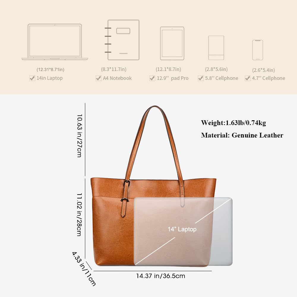 Kattee Vintage Genuine Leather Tote Shoulder Bag for Women Satchel Handbag with Top Handles (Light Brown)