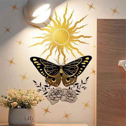 Sacred Golden Sun Stars Black Butterfly Peony Wall Stickers, sacinora Middle Ages Wall Decals Removable Vinyl Peel and Stick for Living Room Bedroom Art Home Decorations