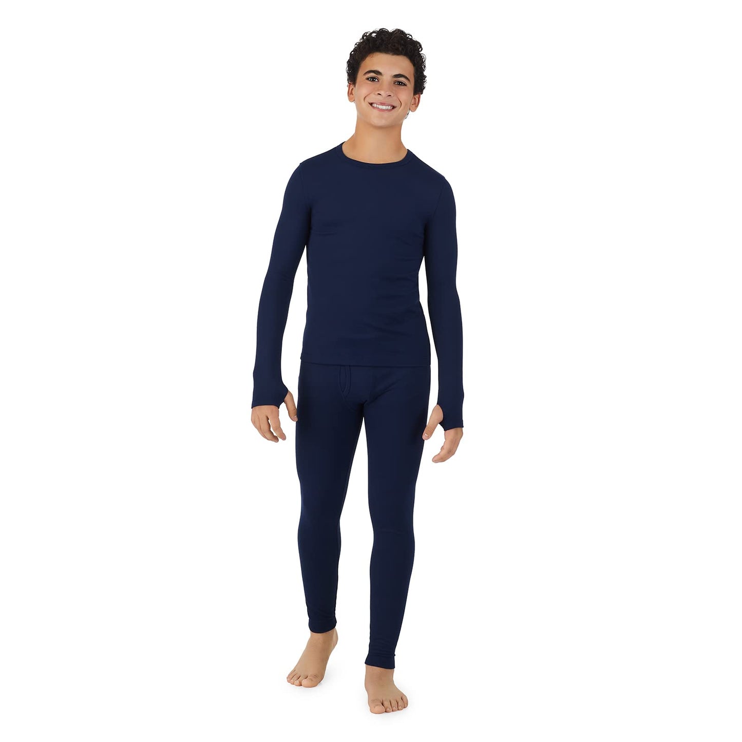 Cuddl Duds Boys Heavyweight Fleece Lined 2 Piece Thermal Underwear Set – Long Sleeve Shirt & Leggings Base Layer for Cold Weather – Winter Clothing Long Johns Lounge Sets for Kids, Navy, M