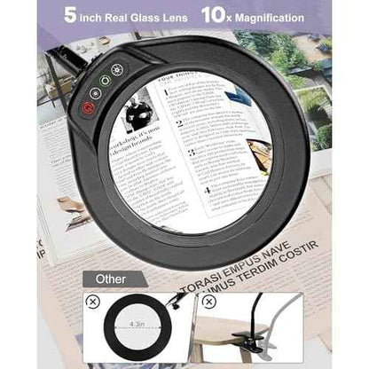5 Inch Large Magnifying Glass with Light and Stand, 10X Hands-Free Desk Lamp & Clamp, 5 Color Modes Stepless Dimmable Flexible Gooseneck, LED Lighted Magnifier for Repair Crafts Close Work Painting