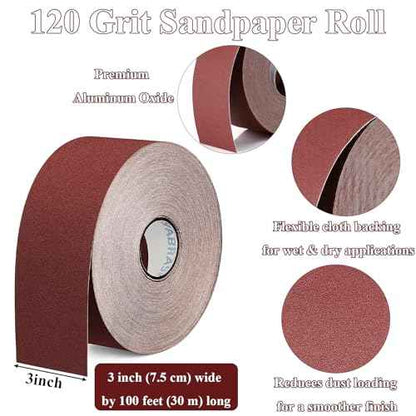 120 Grit Sandpaper Roll 3'' x 100 ft Emery Cloth, Aluminum Oxide Sanding Paper for Drum Sander, Wet Dry Adhesive Sandpaper for Wood, Metal, Furniture, Automotive, Copper Pipe