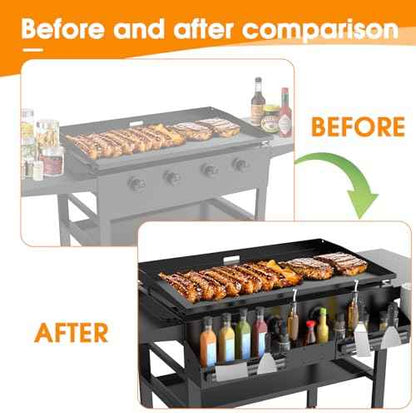 Universal Front Griddle Caddy for Blackstone 28" & 36" Griddles, Front Tool/Bottle Shelf with 2PCS Magnetic Tool Holder & Paper Towel Holder for Blackstone Griddle, Space Saving Storage Caddy