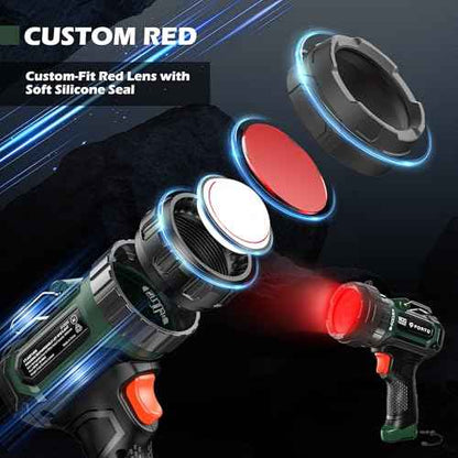 FORTO Handheld Compact Spotlight with Red Lens, 1400 Lumens Rechargeable Spot Light with Adjustable Focus, 823m Range, 3 Light Modes, Suitable for Hunting Boating Camping Hiking Observe Animals