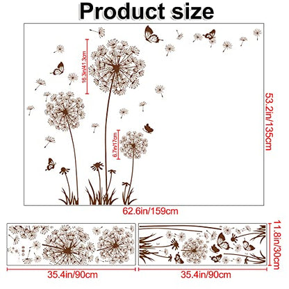 Removable 3D Dandelion Wall Decals Flowers and Flying Butterfly Wall Stickers Murals Self-adhesive Peel and Stick Falling Dandelions Decor for Girls Bedroom Living Room Nursery Baby Children's