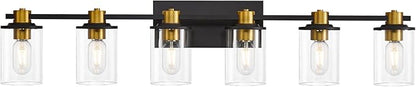 Bathroom Vanity Light, 6 Light Black and Gold Bathroom Light Fixtures, Sconces Wall Lighting with Clear Glass Shade, Modern Brushed Gold Vanity Lighting fixtures for Bathroom, Bedroom, Hallway