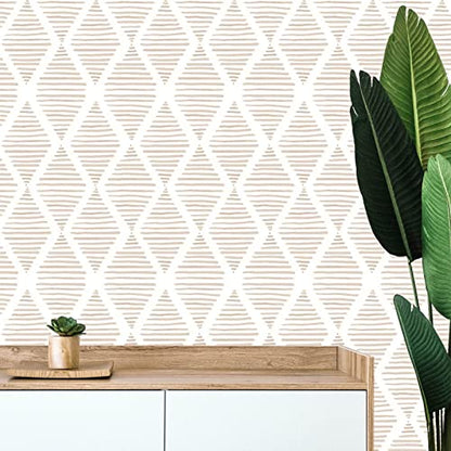 Yun-aeon 17.7" X 120" White and Beige Stripe Peel and Stick Wallpaper Modern Diamond Contact Paper Geometric Removable Wallpaper Self Adhesive Wall Paper for Bedroom Drawers Cabinets Decor Vinyl
