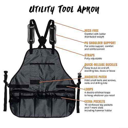 Under NY Sky Tool Apron ? Magnetic Tool Holder ? Heavy Duty Gray Oxford Canvas ? Cross-Back ? 18 Pockets ? Adjustable for Men, Women ? Pro Mechanic, Woodworker, Carpenter, Electrician, Gardener Apron