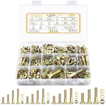 610 PCS Grade8.8 SAE Bolt and Nut Assortment,1/4 5/16 3/8 1/2 Heavy Duty Hex Head Bolts and Nuts Kit with Yellow Zinc Plated, Includes 18 Common Size,Length from 11-65mm