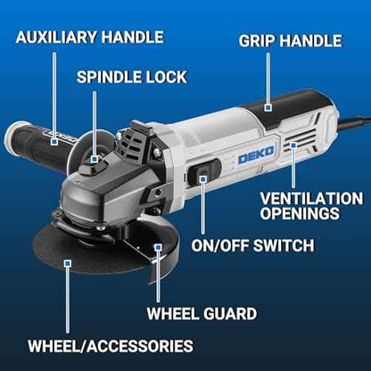Angle Grinder Electric Power Tool: DEKOPRO 4-1/2 Inch 7.5-Amp Angle Grinder Power Corded Hand Grinders Tools with Grinding and Cutting Wheel, Disc for Metal, Wood