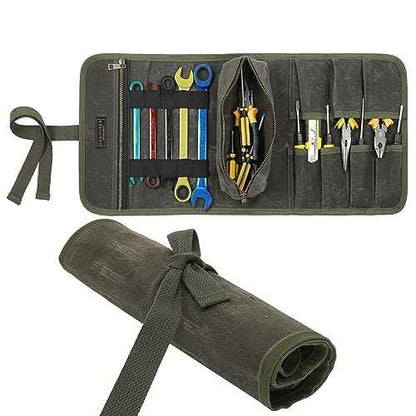 Waxed Canvas Multi-Purpose Waterpoof Tool Organizer Bags, Portable Carry On Pouch with 1 Small Detachable Tool pouch and 1 Zipper Pockets, 24.5" X 10.5"|ArmyGreen