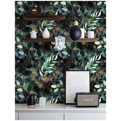 HAOKHOME Peel and Stick Wallpaper Boho Forest Vintage Removable Black/Green/Matte Gold Vinyl Self Adhesive Mural for Bedroom 17.7in x 6.5ft