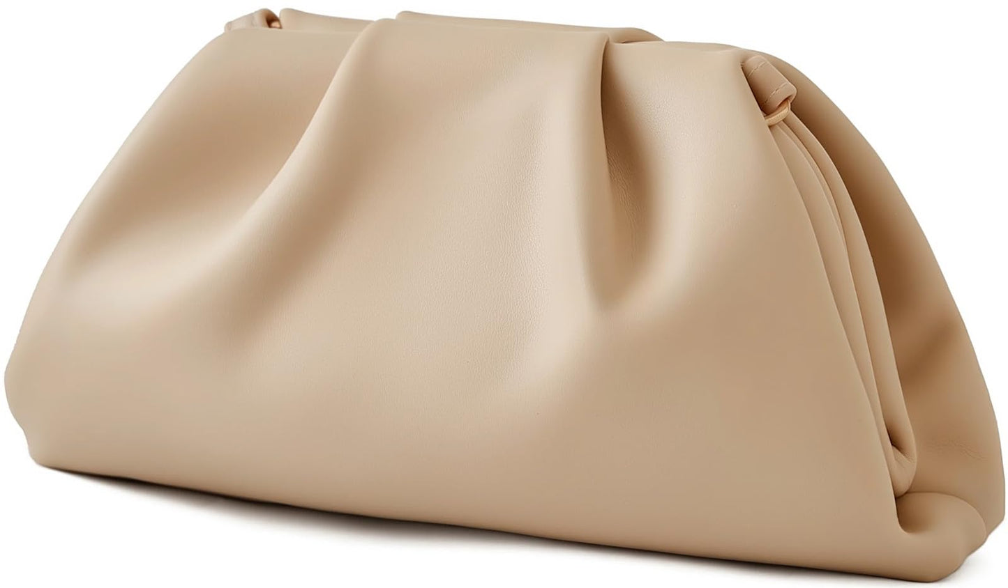 ChrisWish Women's Woven Evening Bag Ruched Dumpling Clutch Purse Detachable Chain Crossbody Bag（Apricot