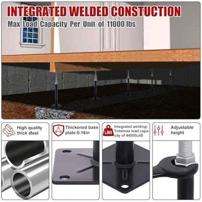Adjustable House Floor Jacks, 4 PCS Post Floor Joist Jacks for Leveling, 11" - 16.5" Height Adjust Range, Telescoping Screw Jacks for Temporary Support - 11000 lbs Max Load Capacity (Each)