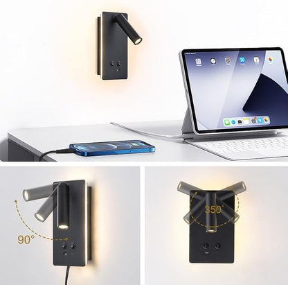 MOLUOLA LED Wall Lamp Wall Mounted Reading Lights, Adjustable Headboard Plug in Wall Sconce with USB C+A Ports, Headboard Bedside Lamp with 9W+3W Night Light 3000K (Black)