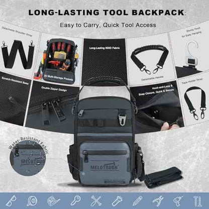 MELOTOUGH Small Tool Backpack for Men 30 Multi-Storage Pockets Heavy Duty Tool Bag Backpack with Dual-Form Shoulder Strap for Electrician, HVAC, Technician - Water Resistant (Grey)