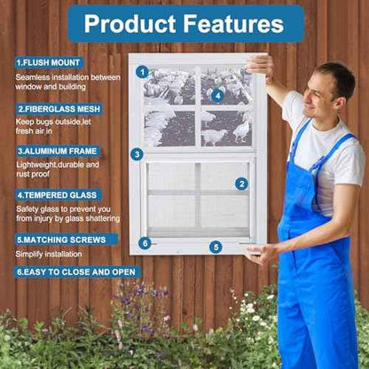 1 Pack Shed Window 14"X21" White Flush Mount Household Windows with Tempered Glass and Fiberglass Screen for Shed Chicken Coop Playhouse and Garage