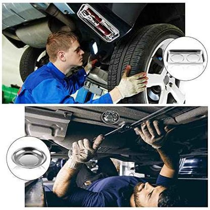 Geiserailie 4 pcs Magnetic Tray with Magnetic Pin Screw Bolt Holder Round Magnet Parts Bowl Stainless Steel Pickup Tool Tray for Mechanic's