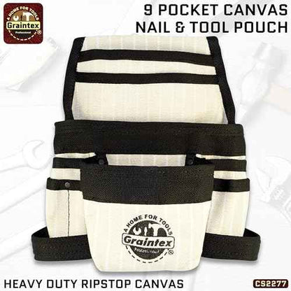 GRAINTEX CS2277 9 Pocket Nail & Tool Pouch Rip-Stop Canvas for Constructors, Electricians, Plumbers, Handymen White