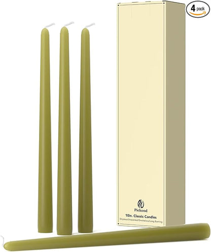 10-Inch Tall Dripless Taper Candles Set of 4 - Olive Green Tapered Candles, Perfect for Halloween - Smokeless, Unscented, Long Burning - Hand Poured, Colored Tall Candlesticks - Oliva