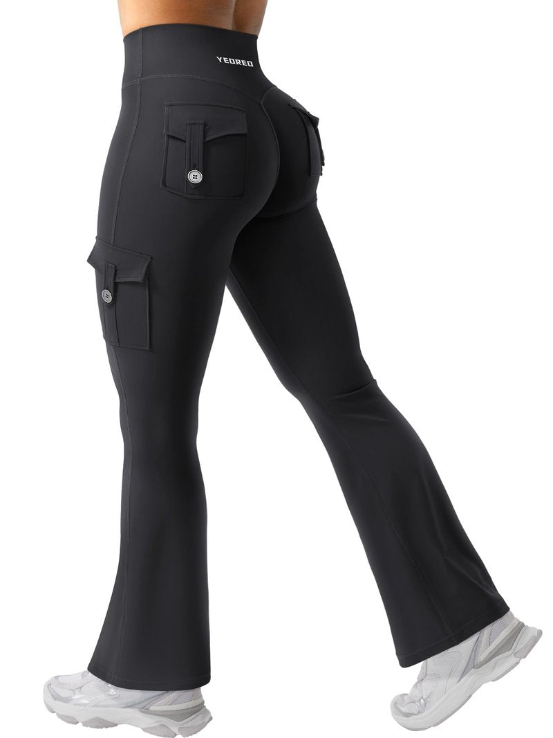 YEOREO CoreFlex Women Workout Flare Leggings with Pockets Scrunch Cargo Gym Yoga Leggings Black XL