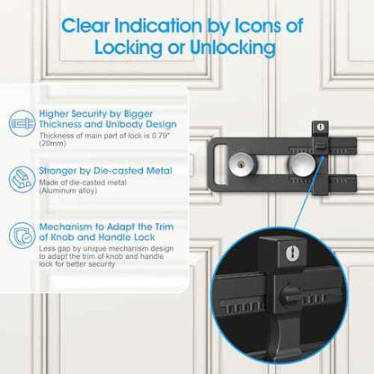 AST Double Door Lockout Device, French Door Reinforcement Lock with 3 Keys, Lockout to Double Door Knobset and Handleset, Childproof Door Lock, Premium Version (Matte Black with Keyed Differ)