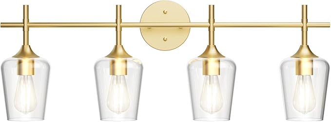 Ralbay 4-Lights Gold Vanity Light Fixture Vintage Gold Vanity Lights Wall Lighting Clear Glass Gold Bathroom Light Fixtures Over Mirror