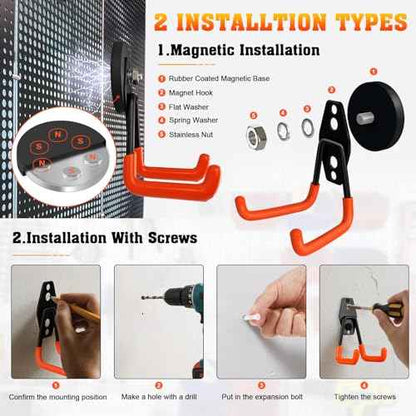Large Magnetic Hooks Heavy Duty Magnetic Garage Hook,4 Pack Magnet Hooks with Anti-Slip Coating, Strong Storage Utility Magnetic Hook fo Metal Cabinet,Pegboard,Garage Shelve,Garden Tools(Orange,M)