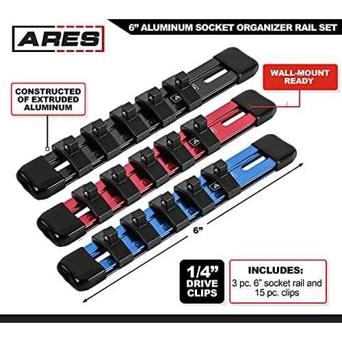 ARES 60064-3-Piece 1/4-Inch Drive 6-Inch Aluminum Socket Rail Set - Includes Red, Blue, and Black Rails - Each Aluminum Rail Stores up to 5 Sockets