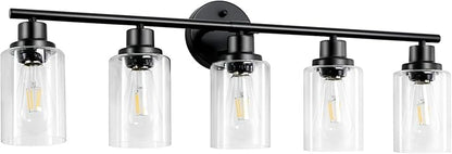 5-Light Black Bathroom Vanity Lights, E26 Modern Bathroom Light Fixtures with Clear Glass Shade, Mirror Kitchen Hallway Cabinet Living Room Sconces Wall Lights