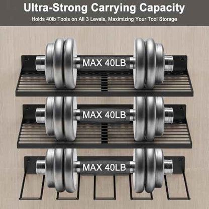 3 Pack Power Tool Organizer Wall Mount, Garage Wall Organizer, Heavy Duty Iron Garage Storage Rack with 4 Drill Holders, Hooks, Screwdriver & Tool Battery Holder for Shed, Basement