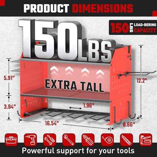 Power Tool Organizer with Charging Station, Heavy Duty 3 Layer Drill Holder Wall Mount Garage Shelf Rack with 6 Outlet Power Strip, Tool Shelf with Hooks, Drill Bit Rack for Garage, Red