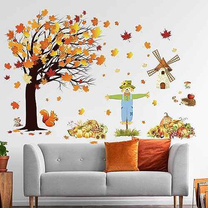Fall Maple Leaves Wall Decals Autumn Pumpkin Scarecrow Wall Stickers Thanksgiving Fall Tree Wallpaper Cute Sqiirrel Windmill Mural DIY Removable Wall Art for Kids Bedroom Playroom