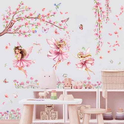 Pink Fairy Garden Wall Decals with Cherry Blossom Tree Floral Wall Stickers Peel and Stick Butterflies Birds DIY Wall Art for Girls Bedroom Baby Nursery Kids Room