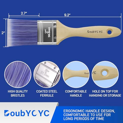 Paint Brushes - 6 Pack, 2" Flat Brushes, Paint Brush Set, Wood Paint Brushes for Walls, Stain & All Oil Paints - Home Improvement - Interior & Exterior Use