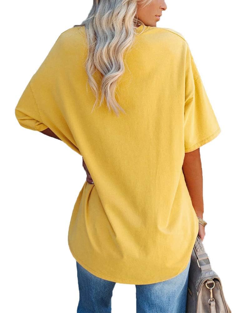 LOAIHA Womens Summer Tops Casual V Neck Short Sleeve Solid Color Basic T Shirt XX-Large Yellow 2
