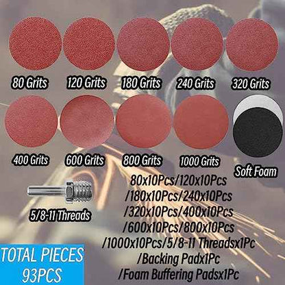 5 inch Sanding Discs Hook and Loop with 90PCS Sandpaper, Soft Foam Buffering Pads, Drill Sanding Attachment, 80/120/180/240/320/400/600/800/1000 Grits Sandpaper for Wood Metal Car Polishing