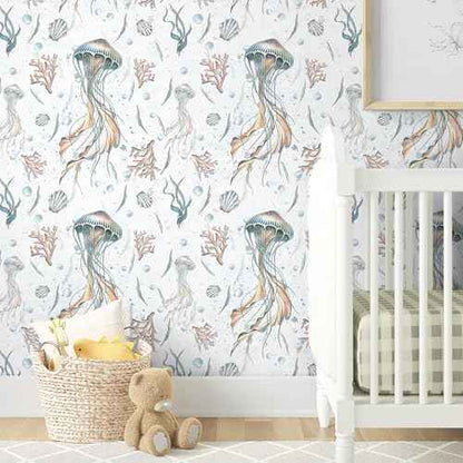 HeloHo Peel and Stick Wallpaper Light Blue Wall Paper Ocean Jellyfish Seaweed Self Adhesive Removable Waterproof Contact Paper for Bathroom Living Room Decor Kids Room Wallpaper 16.1" X 118"