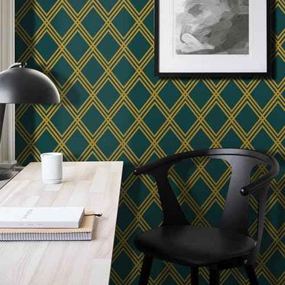 Ohmywor Peel and Stick Wallpaper Dark Green and Gold Wallpaper, Diamond Geometric Wallpaper Contact Paper, Self Adhesive Removable Decorative Trellis Wall Covering Vinyl 17.7"x118"