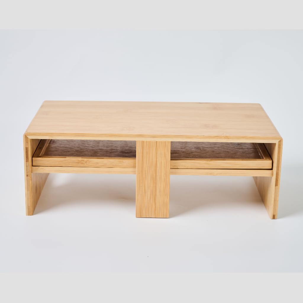 LICHIL Monitor Stand Desk Top Organizer with Storage Drawer & Phone Holder,Bamboo Monitor Stand with Keyboard Tray, Wide Monitor Riser Non Slip Desk Riser